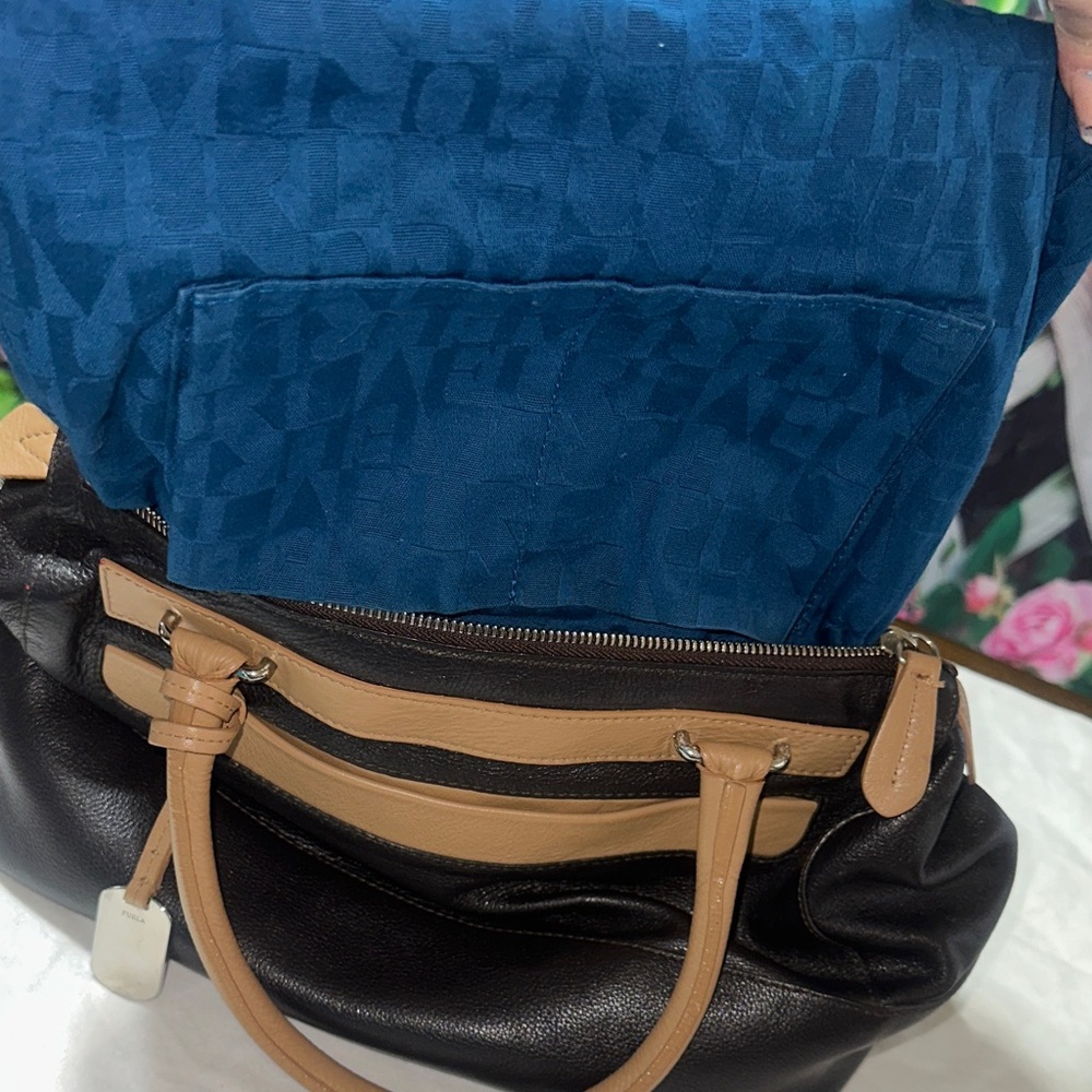 FURLA Two-Tone Leather Satchel Bag - Black & Tan - Picture 8 of 15